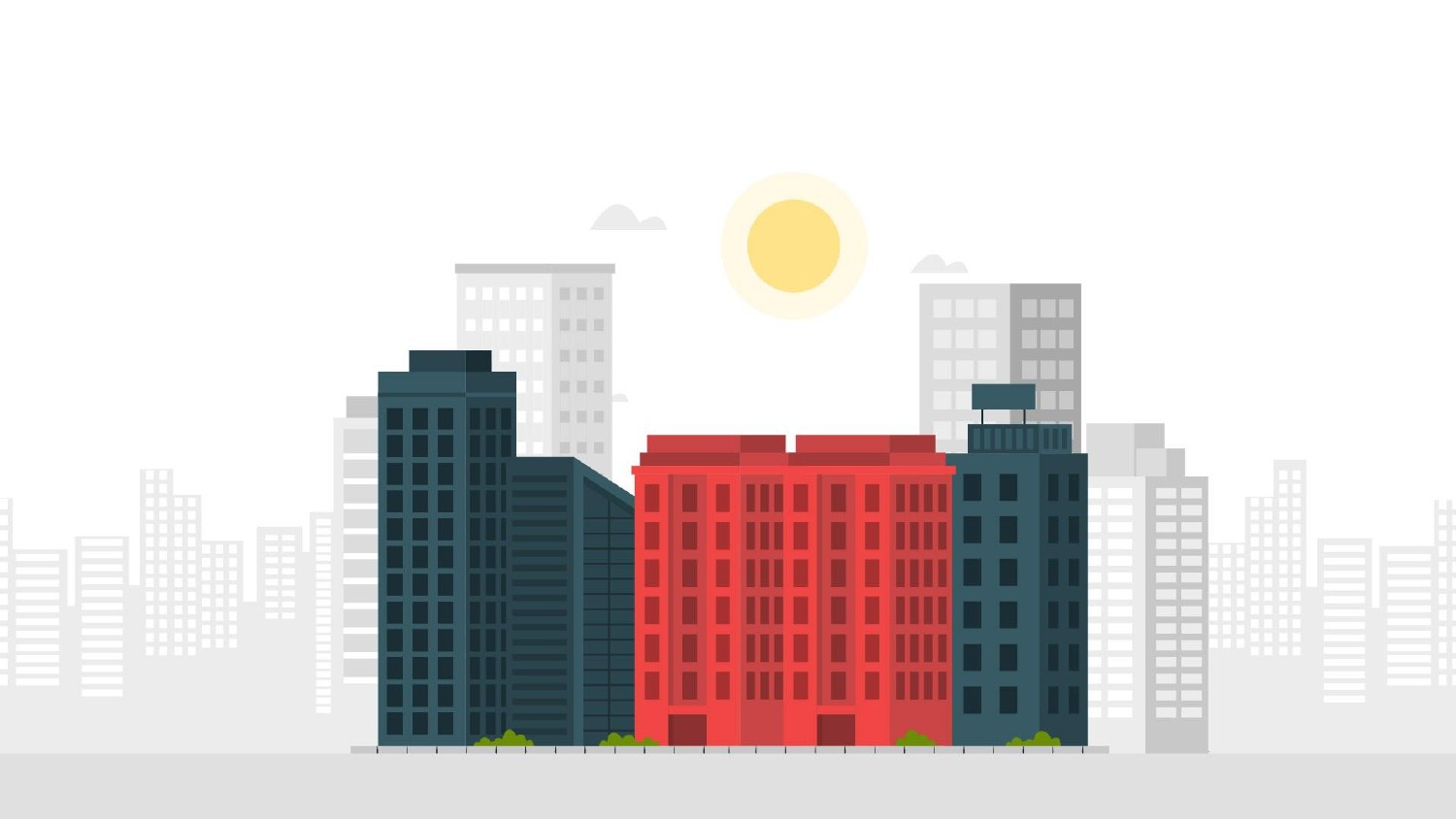 Illustrated storyboard frame: wide shot of a city skyline with one red office building picked out among grey and dark towers